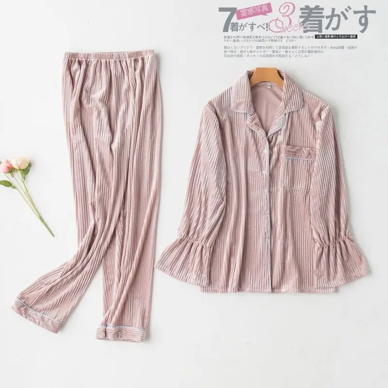 

Gold Velvet Pajamas Women 2020 Autumn Winter Warm Sleep Set Female Long Sleeve Tops + Trousers Sexy Homewear Ladies Lace Pijama