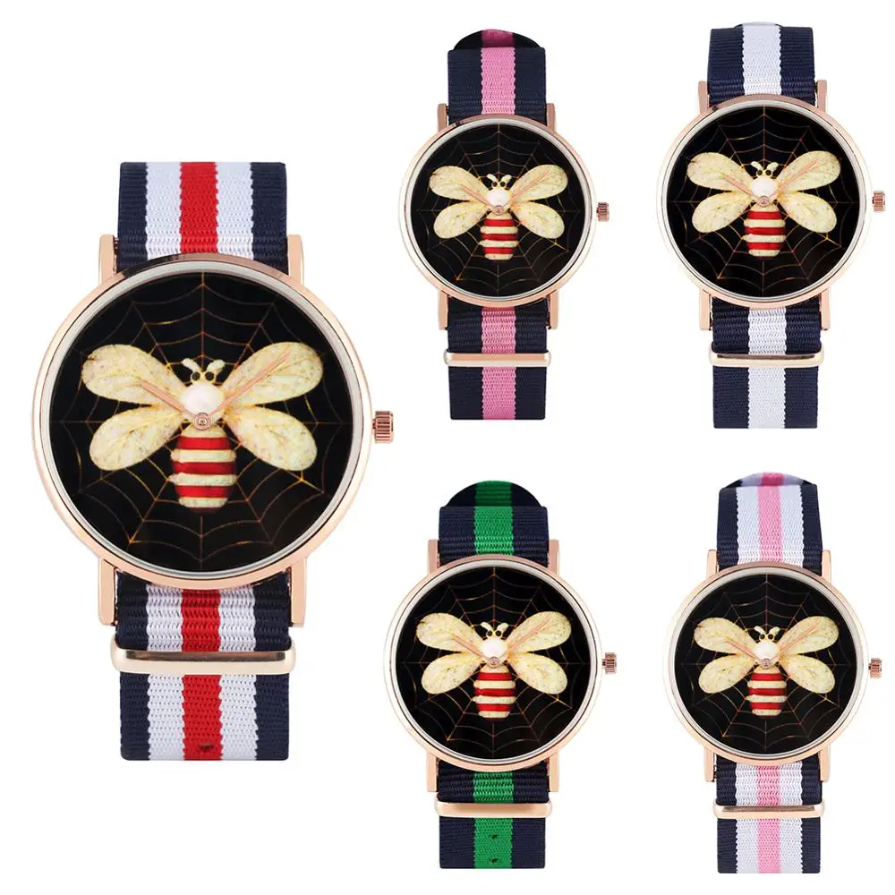 

Women's Watch Quartz Analog Wristwatch Unique Mixed Color Nylon Strap Watches Black Dial with White Bee Pattern Wristwatch