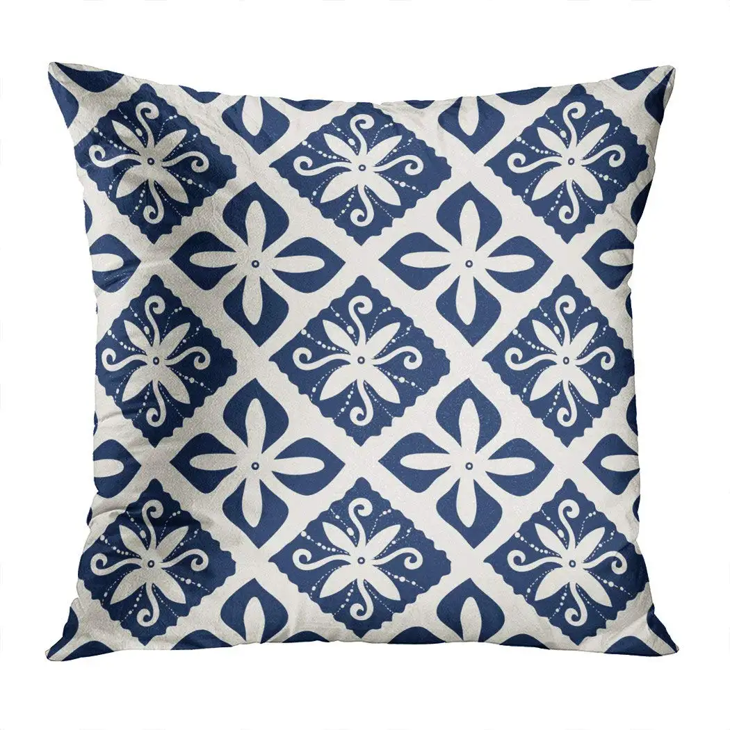 

Throw Pillow Cover Square 18x18 Inch Indigo Dye Woodblock Printed Damask Pattern Traditional Oriental Cushion Home Sofa Decor