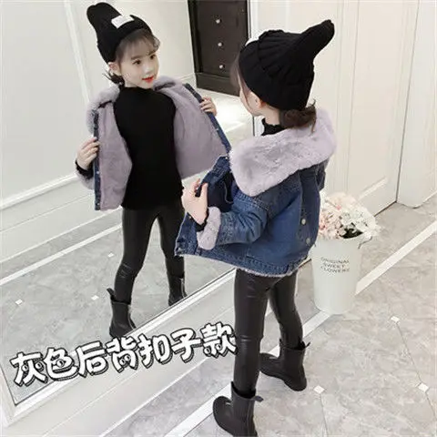 gray Коллекция года, зимняя джинсовая одежда для детей-подростков куртка для маленьких девочек джинсовое пальто теплая куртка с мехом для мальчиков, детская одежда, ветровка - Цвет: gray