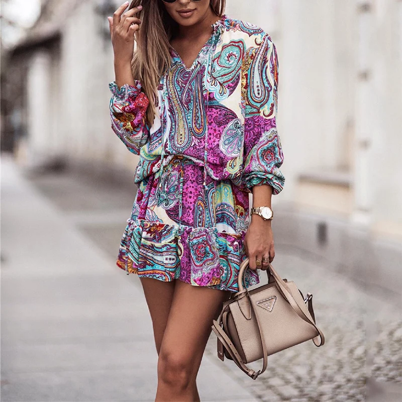 

New Spring Vintage Print Mini Shirt Summer V-neck Long Sleeve Ladies Dresses Fashion Tie-up Elastic Waist Loose Dress Vestidos