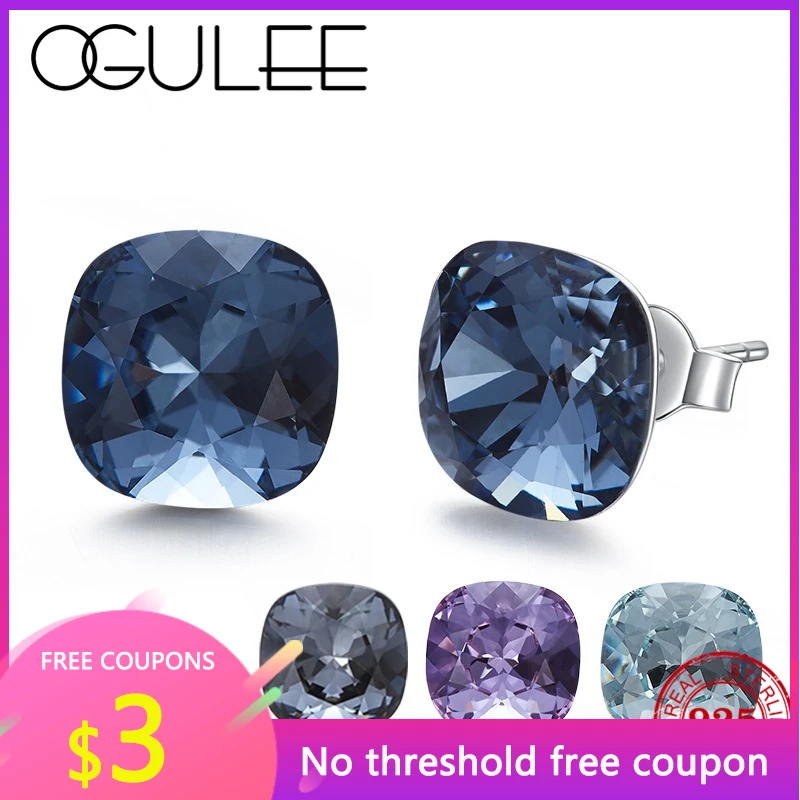 

OGULEE Brand Jewelry 925 Sterling Silver Earrings Square Air Blue Opal Crystal Earrings From Women Fine Stud Earrings