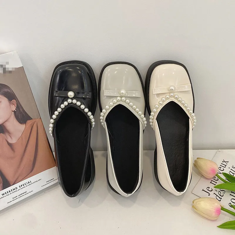 

Womens Derby Shoes All-Match Female Footwear Round Toe Pearl Decorateion Casual Sneaker Slip-on Shallow Mouth Leather Dress Bead