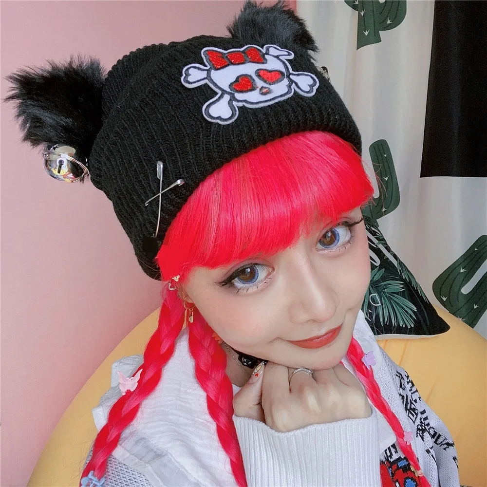 

Harajuku Gothic Skull Black Beanie Hats Cute Cat Ears Bells Fashion Design Women Girls Winter Warm Knitted Caps Streetwear