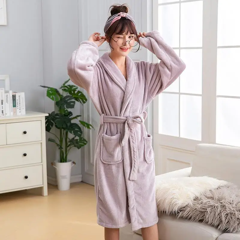 Couple Lounge Kimono Gown Coral Fleece Warm Robe Bathrobe Winter Casual Home Clothing Women Soft Flannel Nightgown Sleepwear - Цвет: Women E