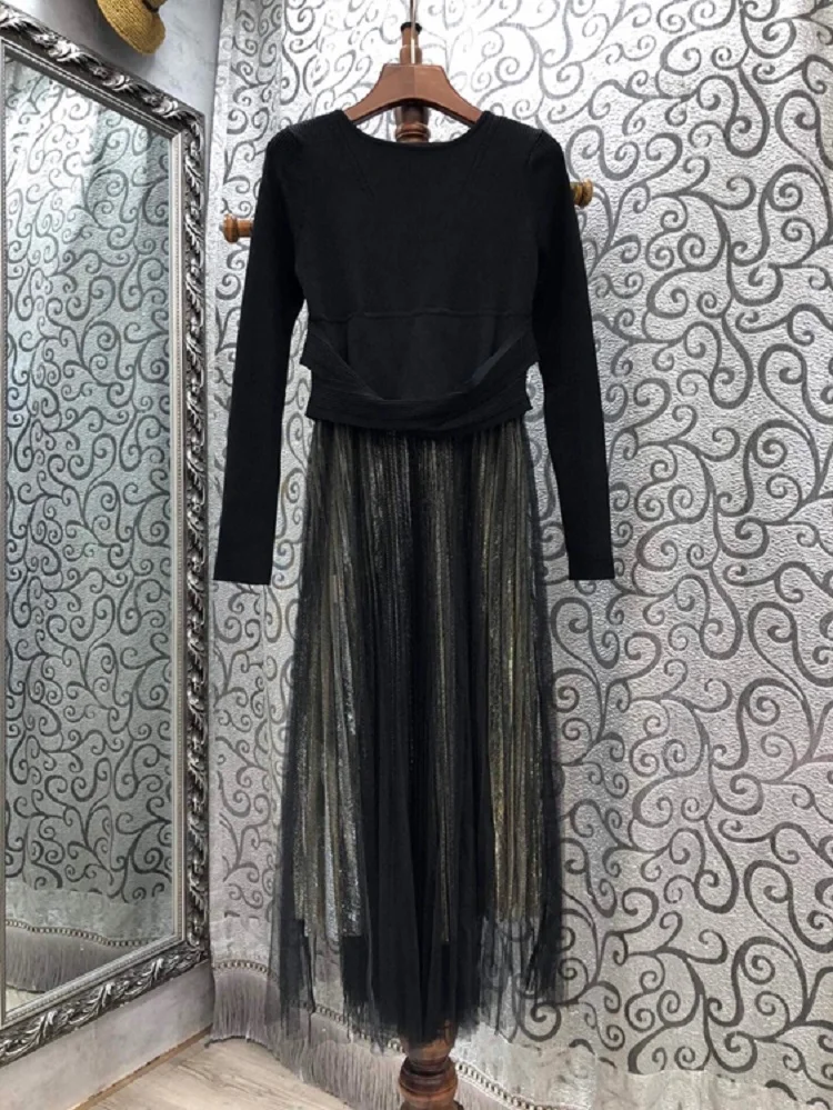 

Piece Dress One 2021 Autumn Winter Style Women Sexy Tulle Mesh Patchwork Cross Band Belt Deco Long Sleeve Casual Sweater Dress