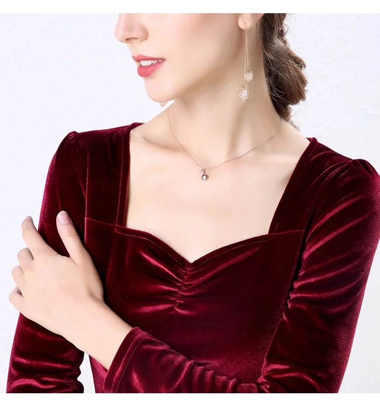 Burgundy Зимние Бархатные Ретро женские футболки с длинным рукавом Femme плиссированные сексуальные футболки с квадратным воротником женские Модные осенние новые футболки - Цвет: Burgundy
