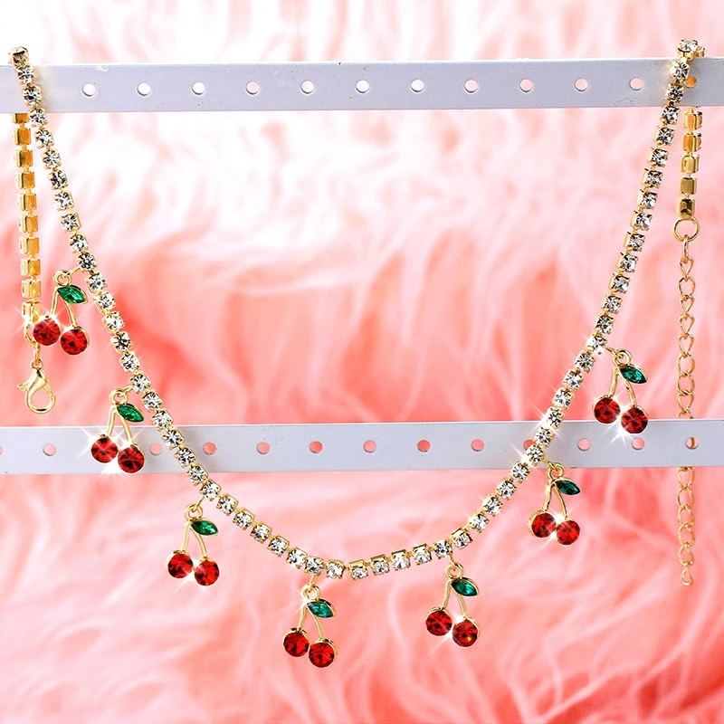 

Trendy Red Crystal Cherry Tennis Chain Necklace For Women Golden Rhinestones Fruit Clavicle Chain Necklaces Female Jewelry Gifts