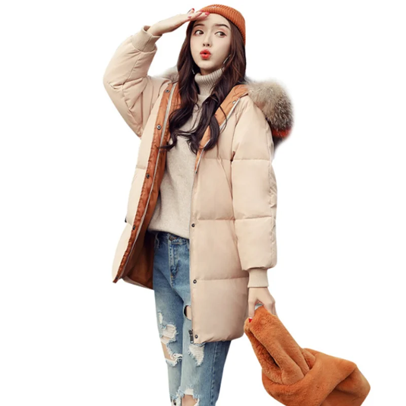 

Winter popular women duck down jackets new style hooded large wool collar lady jacket fashion thickened long style female coat
