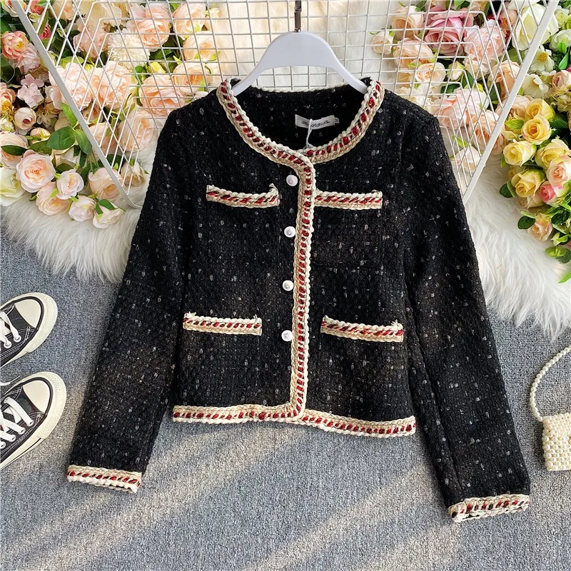 Женское твидовое пальто Короткие однобортные клетчатые куртки из люрекса с