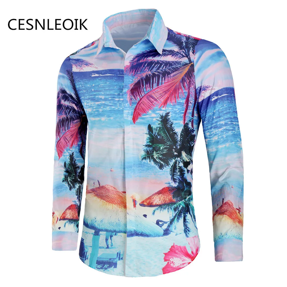 

Mens Hawaiian Shirt Male Casual Printed Beach Shirts Long Sleeve New Fashion Brand C64