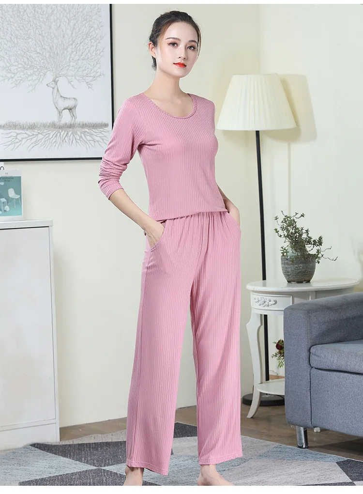 Fdfklak Modal Cotton Homewear Ladies Pajamas Free Bra Cup Long Sleeve Trousers Suit Casual Pyjamas Women Winter 2 Piece Set