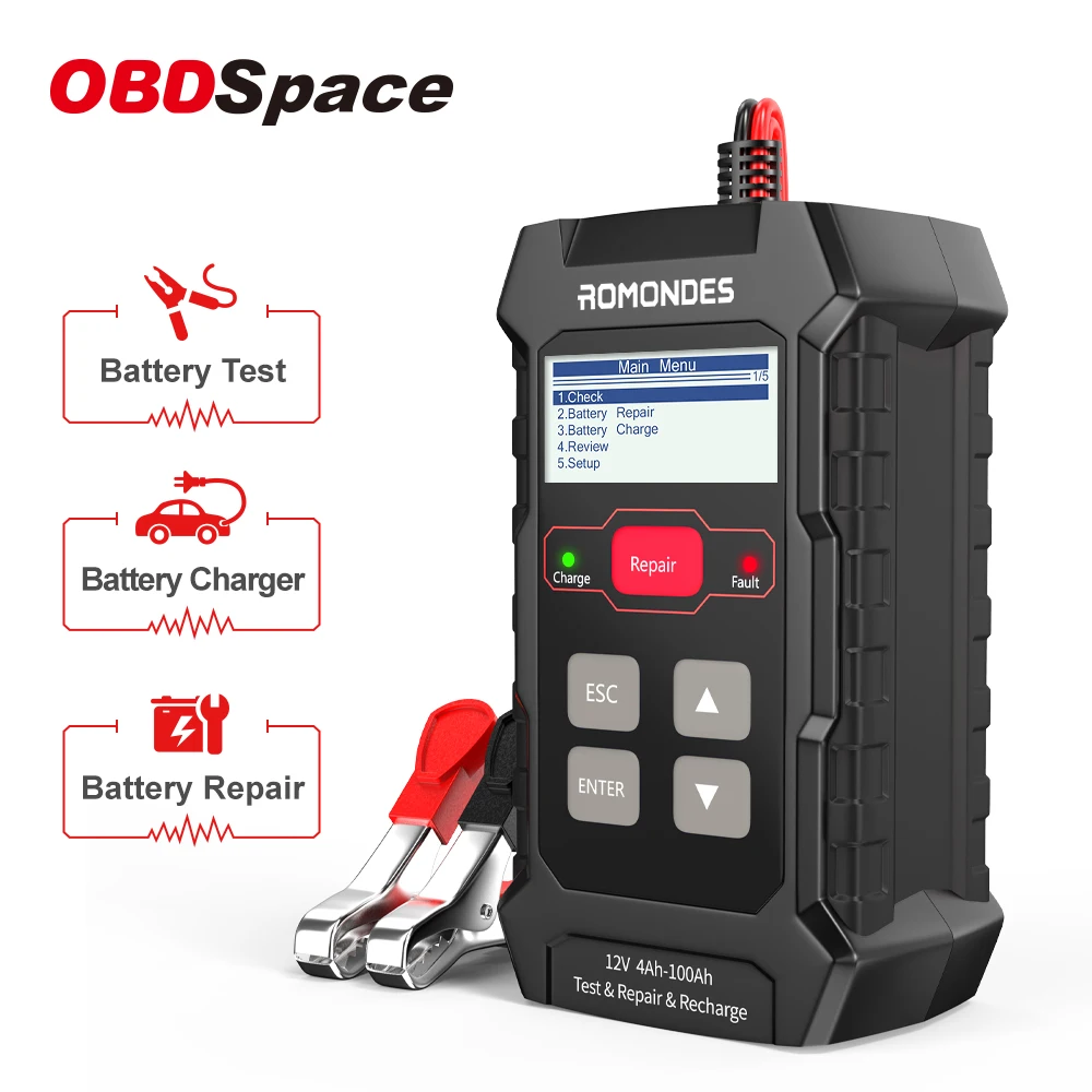 

OBDSPACE RD510 12V Car Battery Tester Wet Dry AGM Charger Battery Pulse Repair Test 3 in 1 Charging Cricut Load Analyzer Tool