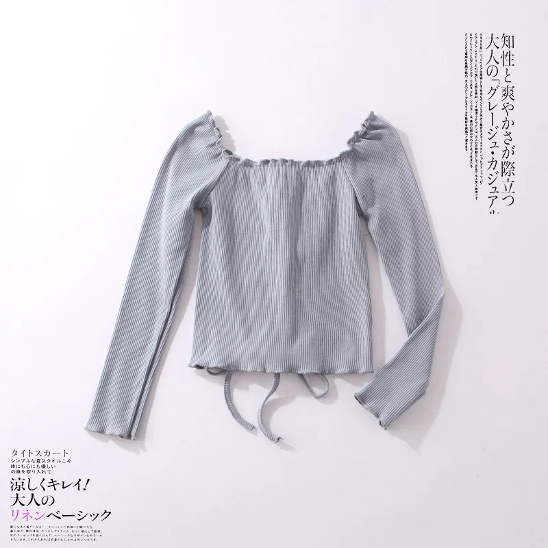 

T-Shirt Women Sexy Short Shirts Female Gothic Tops Pullover Slash Neck Slim Thin Long Sleeved Front Draw Rope Folds Bottoms