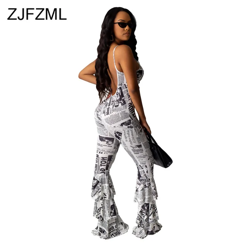 

Letter Print Sexy Backless Flare Jumpsuits for Women V-Neck Spaghetti Strap One Piece Rompers Autumn Streetwear Bodycon Overall