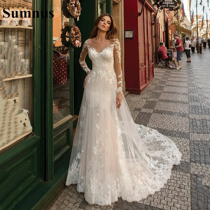 

Роскошное кружевное свадебное платье с аппликацией, иллюзионное Тюлевое элегантное официальное платье невесты с длинным рукавом, женское ...