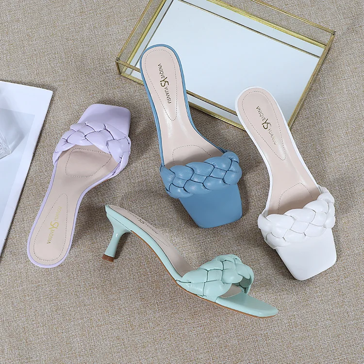 

Summer Luxury Slides Women High Heels Mules Fetish Pumps Individual Weave Leisure Blue Office Ladies Prom Slippers Women's Shoes
