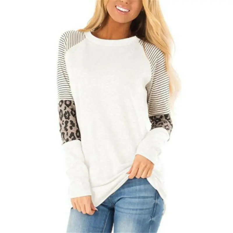 

Women Striped Long Sleeve Casual Pullover Autumn Leopard Patchwork Sweatshirts