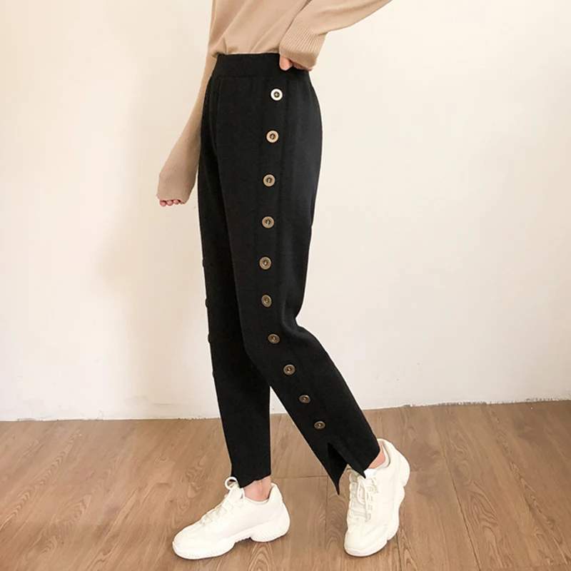 BGTEEVER стильные прямые трикотажные штаны с боковыми пуговицами женские зимние