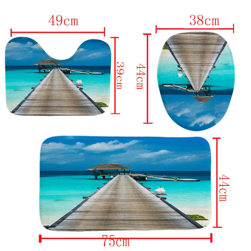 

Sea Bridge Scenery Printing Pattern Shower Curtain Base Carpet Cover Toilet Cover Cushion Bath Mat Set Bathroom With Hook