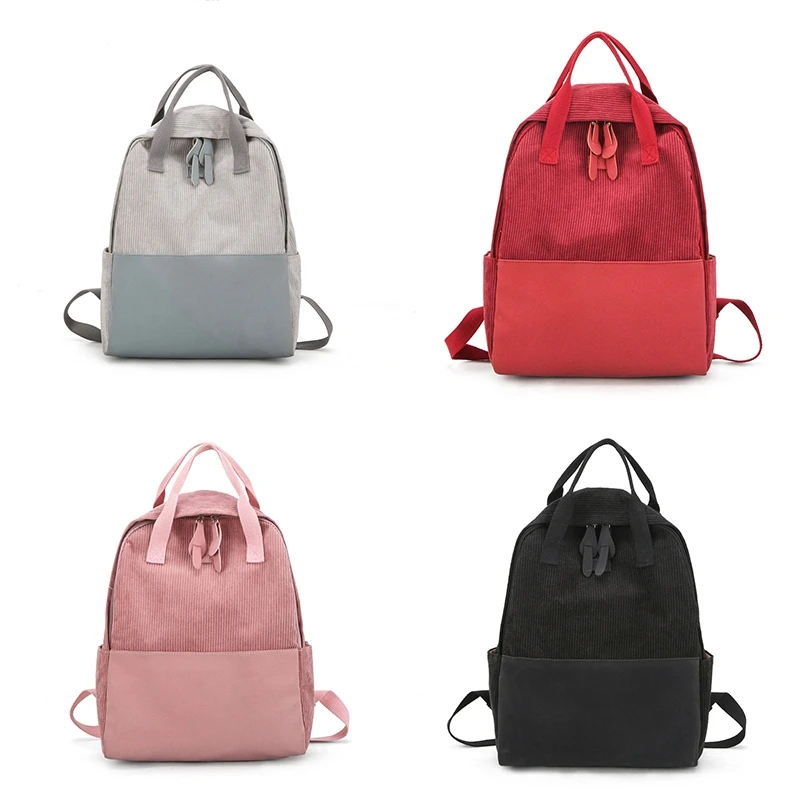 

NEW-Literary Corduroy Backpack Women's Simply Solid Color Backpack College High School Students Stripe