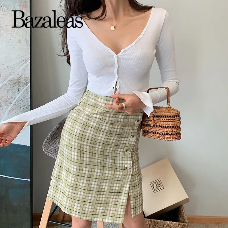 Юбка Bazaleas Женская до колен пикантная приталенная юбка с боковыми пуговицами