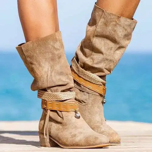 

New women's short boots large women's shoes middle tube pointed low thick heel sleeve casual winter women's shoes