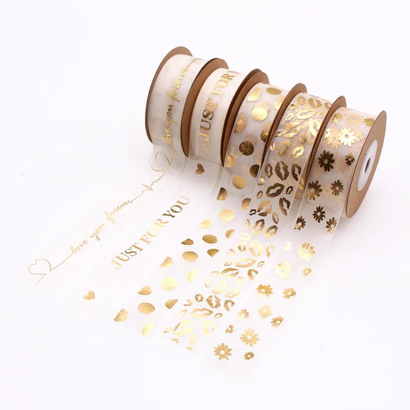 

Organza Ribbon Christmas Heart/Love You/Just For You/Stars/Daisy Gold Foil Printed Ribbon For Gift Packaging Wedding DIY Crafts