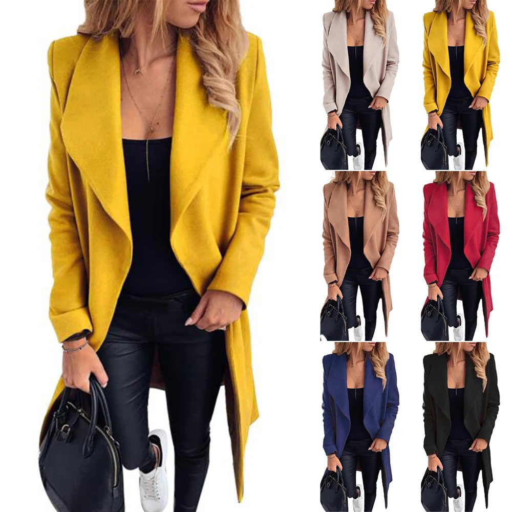 

VICABO Women Business Coats Ladies Long Sleeve Lapel Turn Down Collar Trench Lace Up Coat Wool Blends Casual Work Outwear