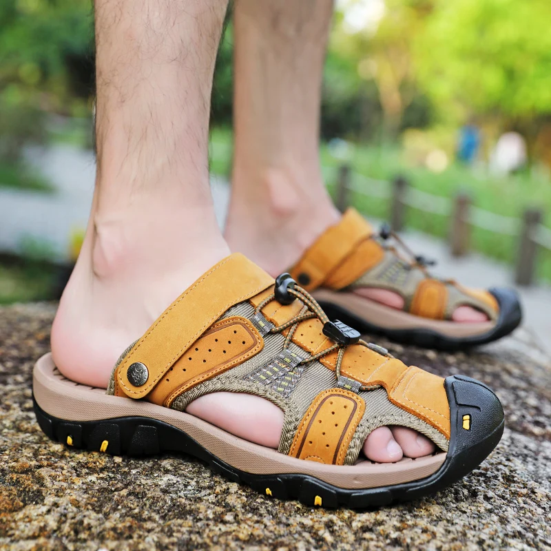 

men sandals outdoor Genuine Leather Beach shoes men sandals Summer Rubber Lightweight Plain Noodle Casual Soft sandals men