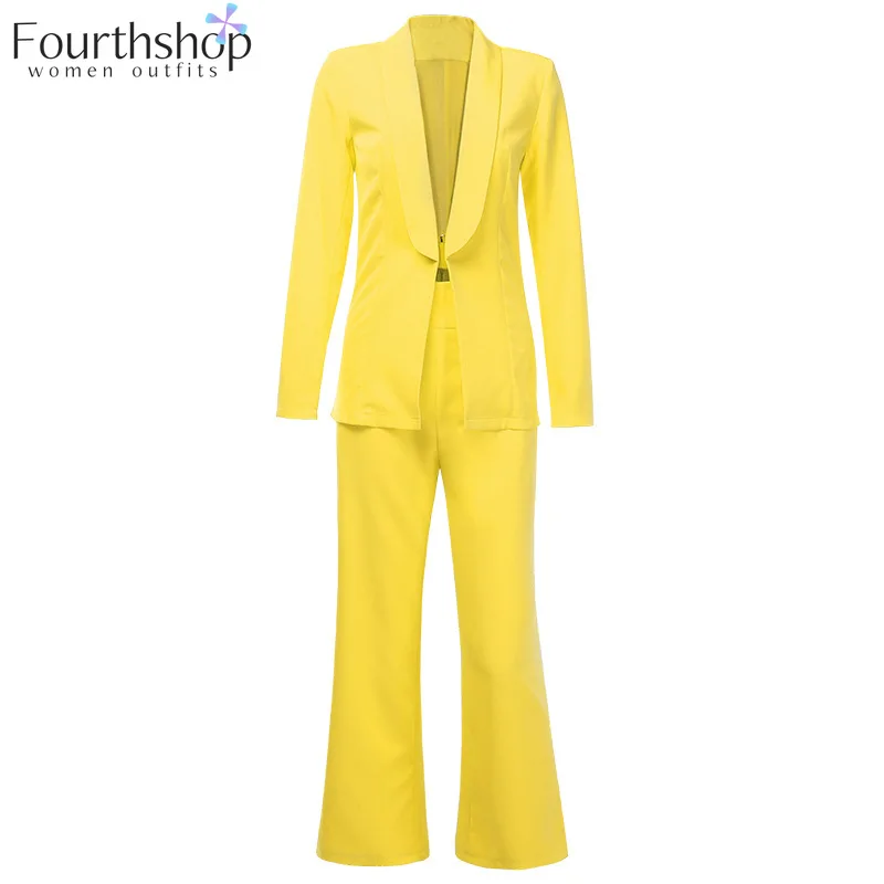 Женский брючный костюм из 2 предметов повседневный с желтым пиджаком на осень и