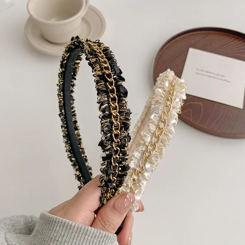 

CN Black Solid with Chain Wide Bezel Hairband Headwear Women Headband For Girls Hair Accessories Elegant Chic Hair Ornament