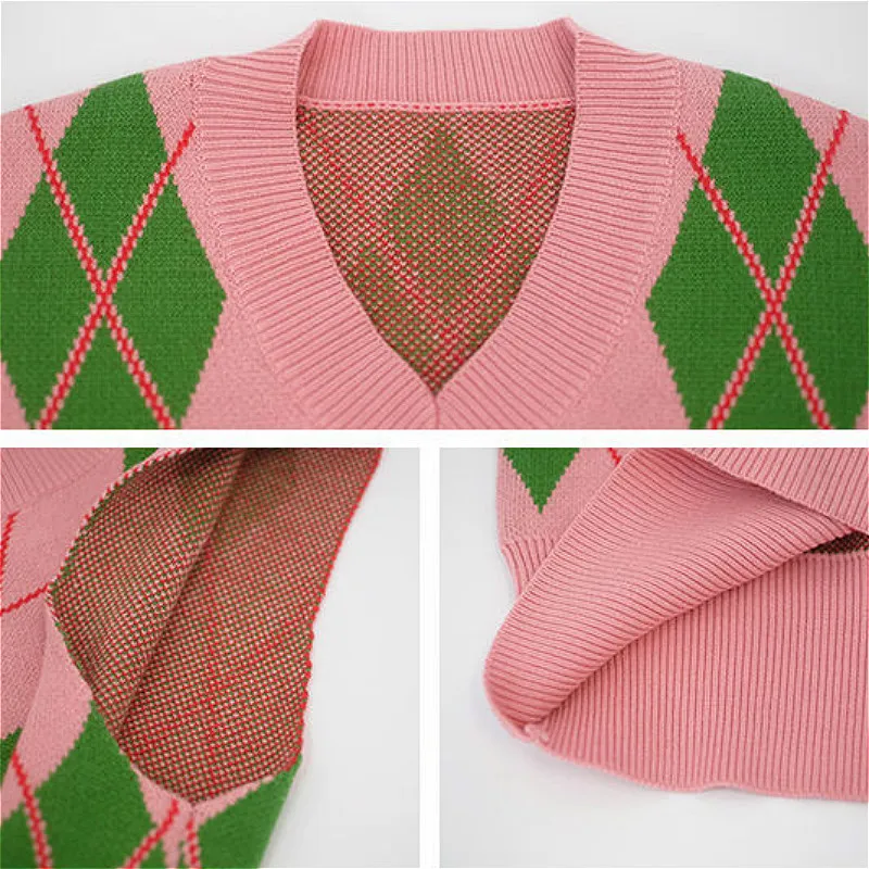 

ROENICK Sweaters Vests Women Knitted Argyle Pink V-neck Sweater Vest Womens Harajuku Preppy Style Streetwear Casual All-match