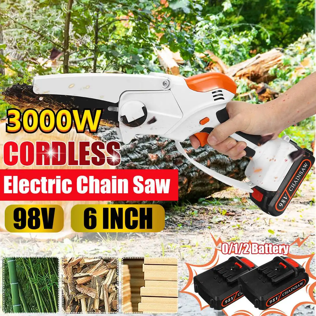 

6‘’ 98V Mini Electric Chain Saw With 2PC Battery 3780rpm 3000W Woodworking Pruning One-handed Garden Tool Rechargeable EU Plug