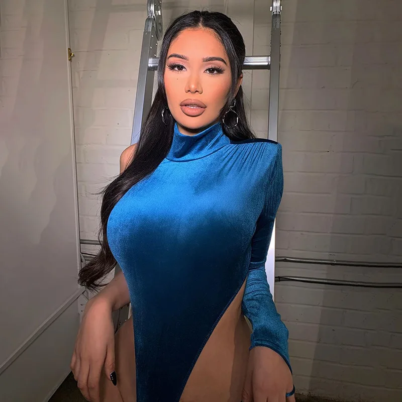 Сексуальный новый синий бархатный сексуальный боди с высоким воротом вечерние