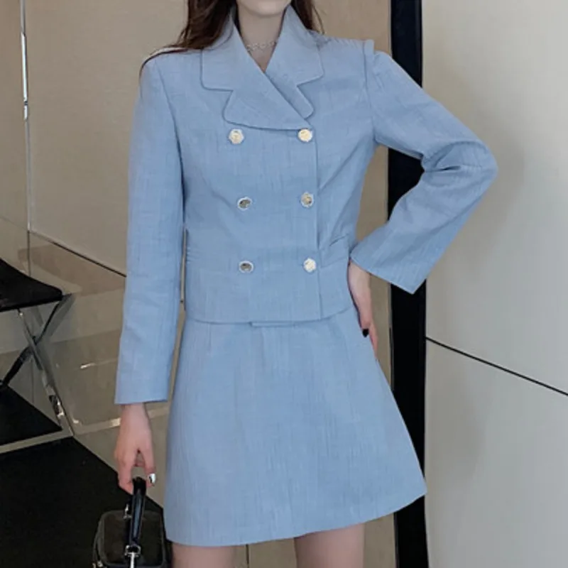 

2021 Spring New Fashion Casual 2 Piece Sets Womens Outfits Double Breasted Suit Blazers+ Slim High Waist Skirts Mini Ensembles
