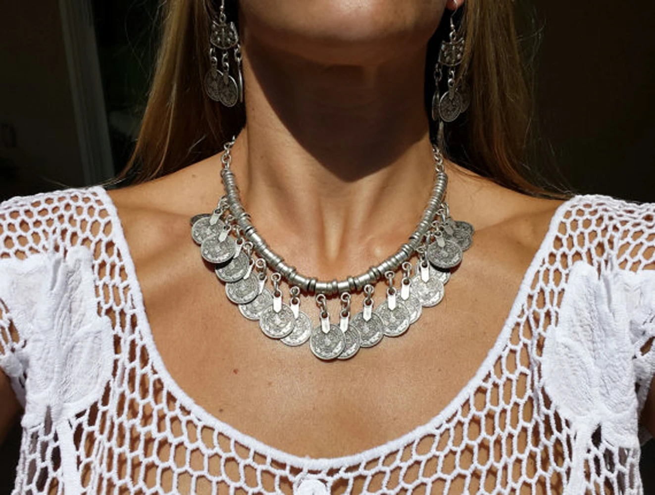 

Bohemia Ethnic Color Metal Gypsy Necklace Beach Choker Bib Coin Statement Necklace For Women Afghan Turkish Festival Jewelry