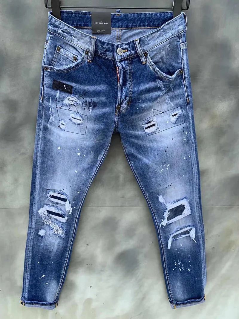 

European style dsq brand Italy mens jeans pants Men Slim jeans denim trousers zipper blue hole Pencil Pants jeans for men 9123