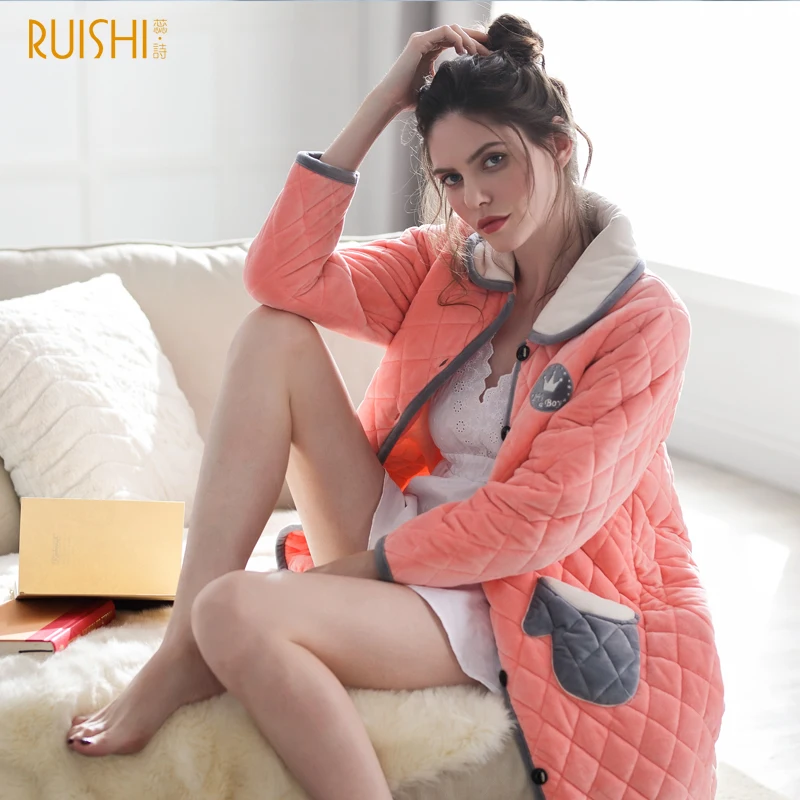 Роскошные женские халаты теплая зимняя ткань Стич платье перчатка карманный