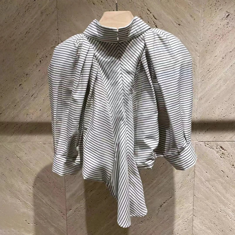 

GALCAUR Striped Casual Blouse For Women Lapel Puff Half Sleeve Hit Color Loose Straight Ruched Shirt Female 2021 Spring Clothing