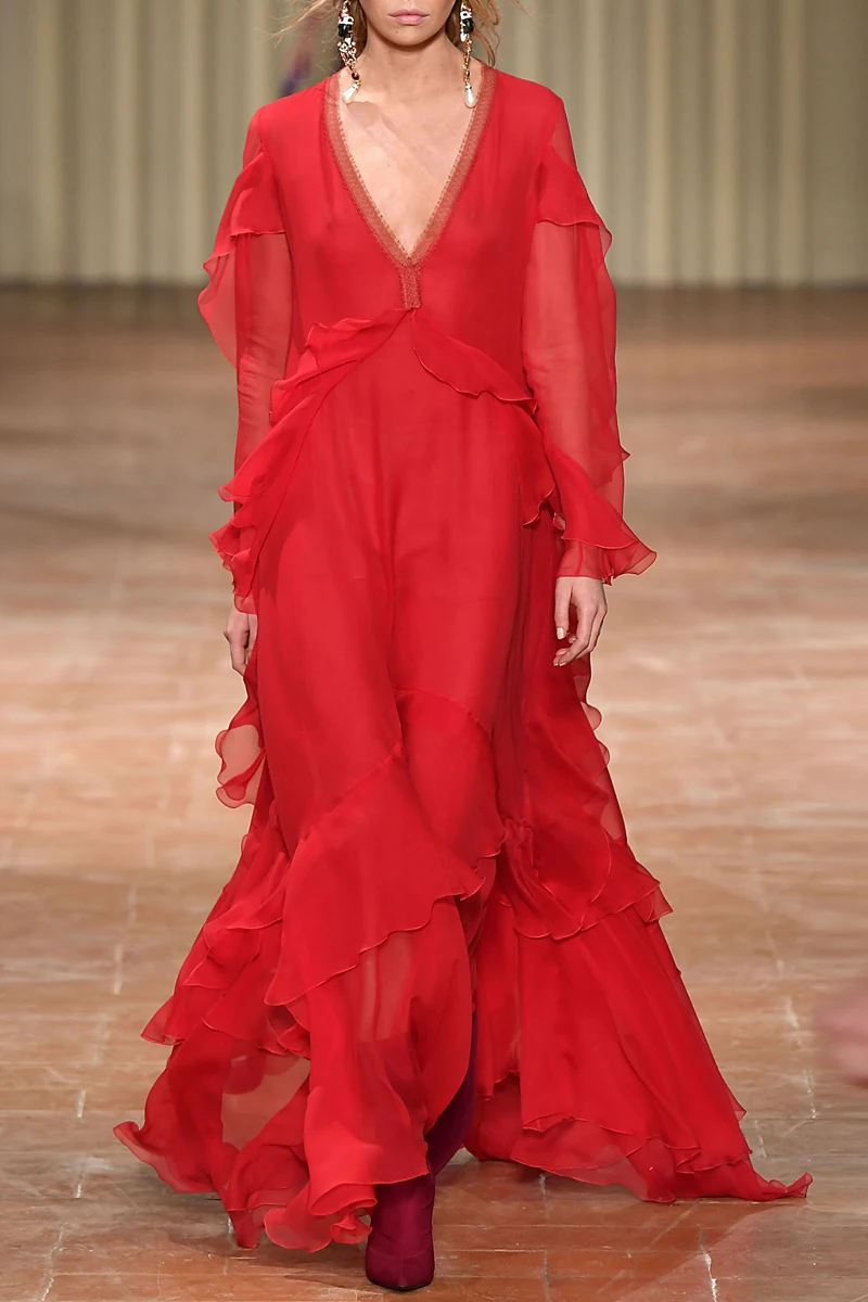 

Runway Maxi Dresses for Women 2021 Spring Autumn Holiday Elegant Red V-neck Long Sleeve Lace Chiffon Patchwork Beach Dress