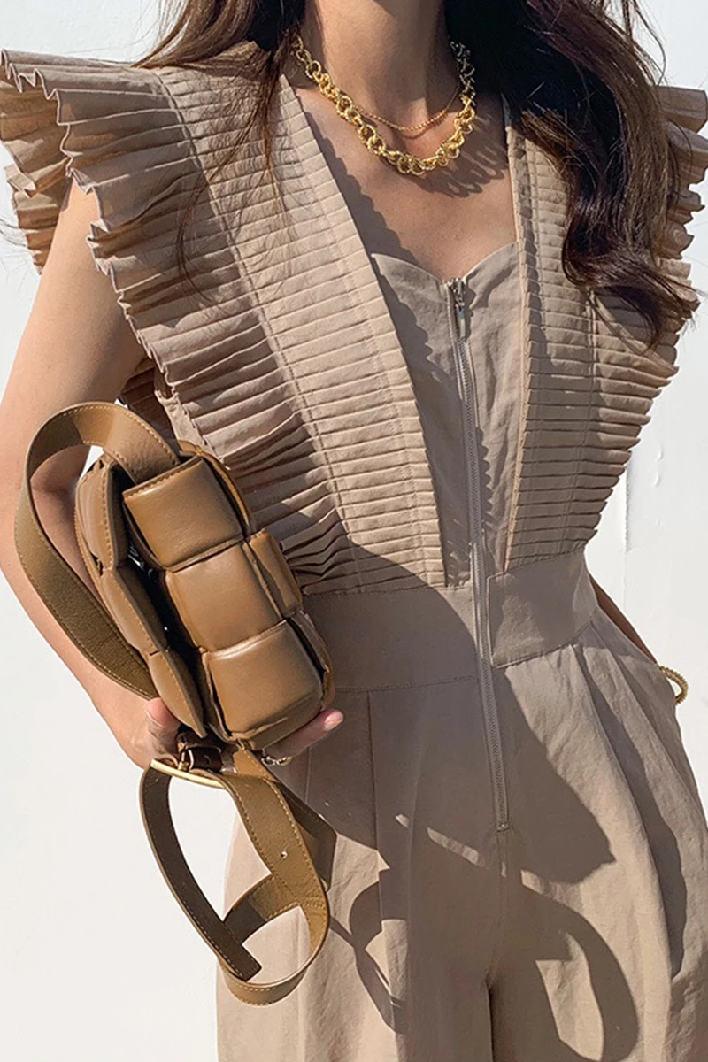 

Korean Fashion Short-Sleeved Jumpsuit Women 2021 Summer Square Collar Ruffles Stitching Zipper Slim Waist One Piece Jump Suit