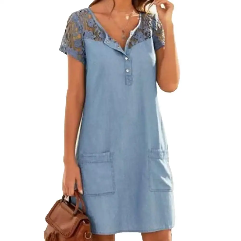 

Джинсовое женское платье, летнее кружевное лоскутное платье до колен с коротким рукавом, пуговицами и карманами, 2021