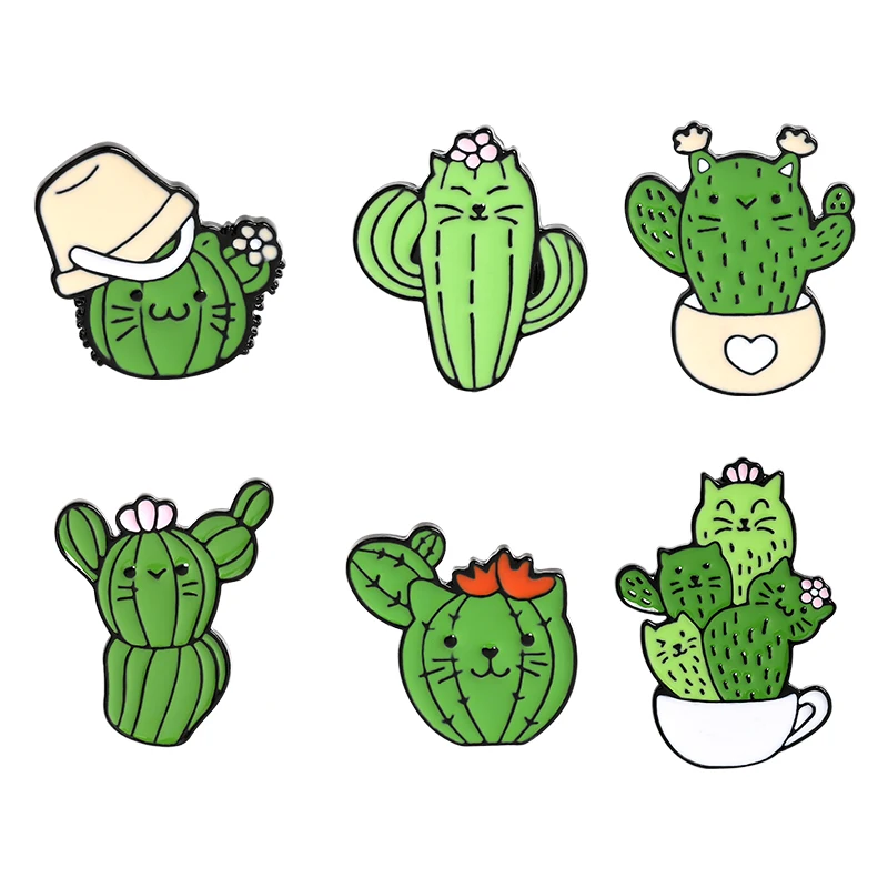 

Cactus Enamel Pins Kitten Face Cactus Brooches Shirt Lapel Bag Funny Plant Badge Jewelry Gift for Kids Friends 2021 Wholesale