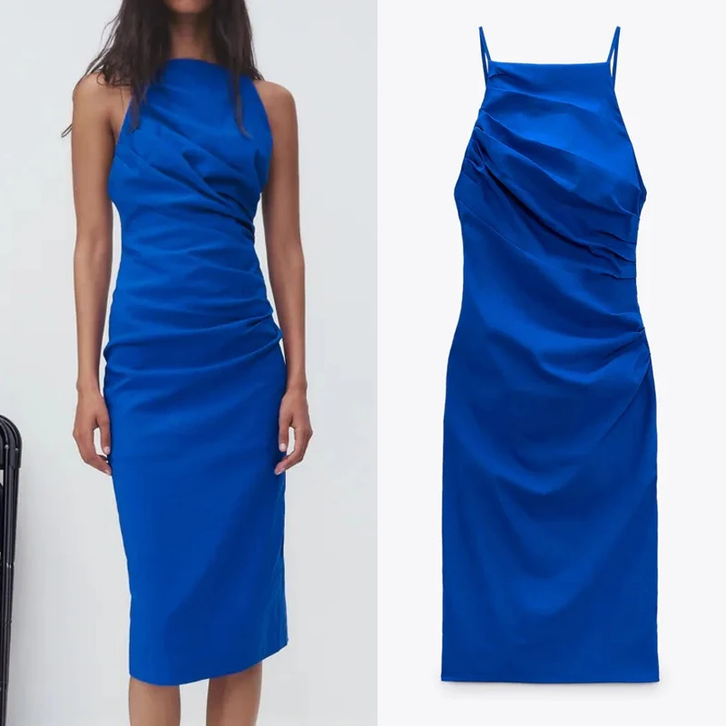 

Женское плиссированное платье синего цвета, нарядное платье, платье-комбинация для женщин с низким вырезом на спине и рюшами летние платья ...