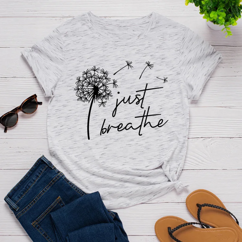 

S-5XL Plus Size Women Tshirt Fashion Dandelion Print T Shirt Oversized 100%Cotton Shirt Women O Neck Short Sleeve Tees Balck Top