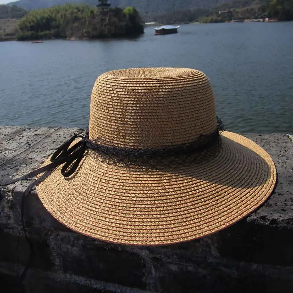 Женская летняя шляпа с широкими полями соломенная Черная кружевная пляжная