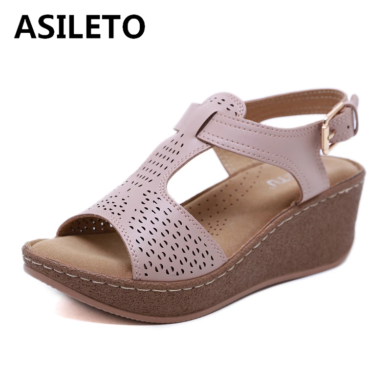 

ASILETO New 2021 Women Sandals Open Toe 6.5cm Wedge Heels Buckle Classic Soft Breathable Non-Slip Big Size 36-42 Casual S2161