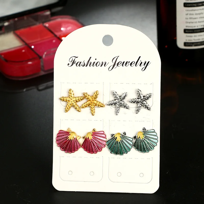

4 Pairs Fashion Fresh Seashell Starfish Beach Stud Earrings