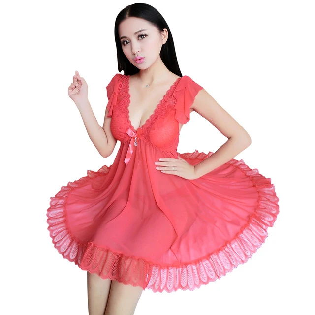 Watermelon red Пижама женская домашняя одежда ночнушка ночная сорочка Сексуальные кружевные женские пижамы, большие размеры, женское нижнее Белье для сна, ночная сорочка, прозрачное ночное платье, ночная рубашка, ночное белье - Color: Watermelon red